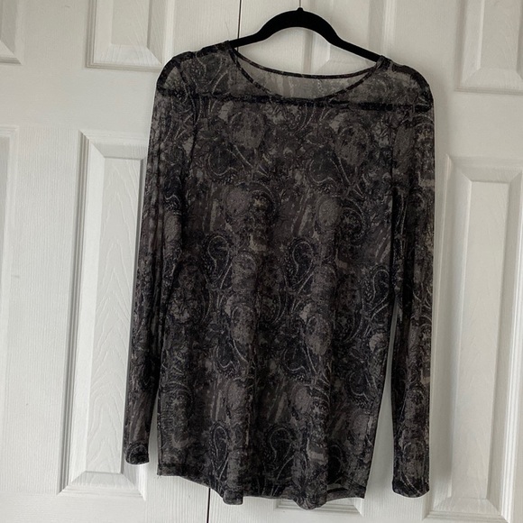 Paisley grey/black sheer lightweight long sleeve crew neck top - Picture 1 of 3